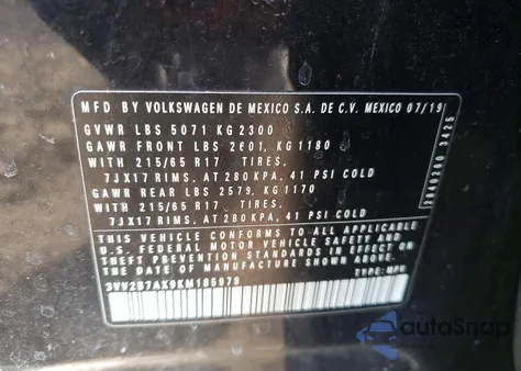 2019 Volkswagen Tiguan Se z USA, uszkodzony, nr VIN 3VV2B7AX9KM185979